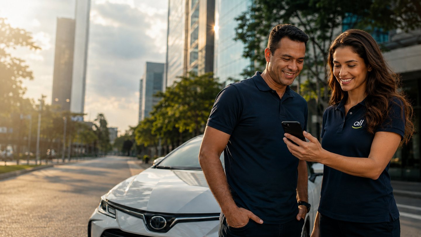 Casal conferindo uma cotação AllSafe no celular ao lado do carro